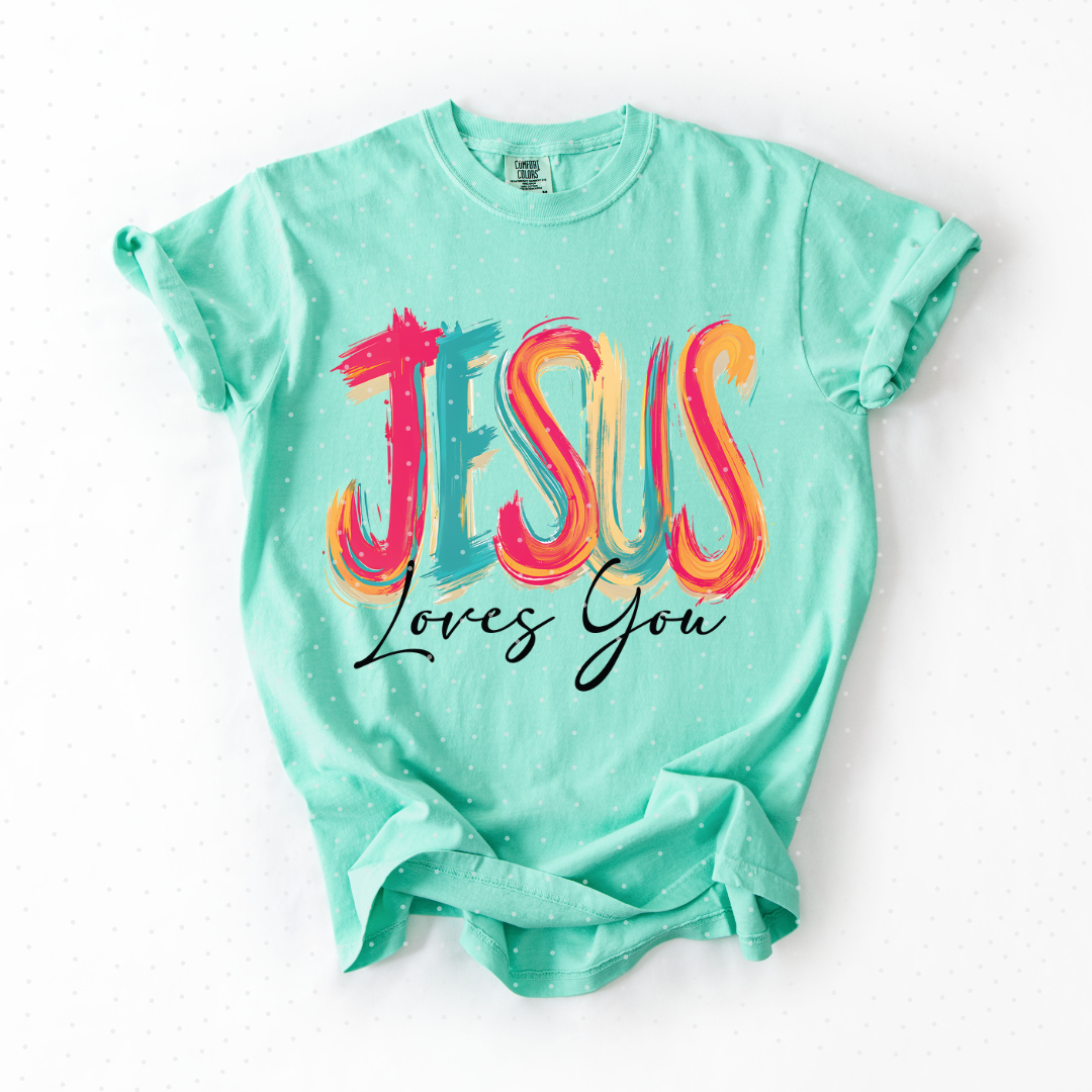 JESUS loves you, vibrant brushstroke