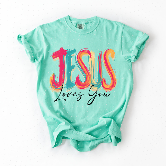 JESUS loves you, vibrant brushstroke