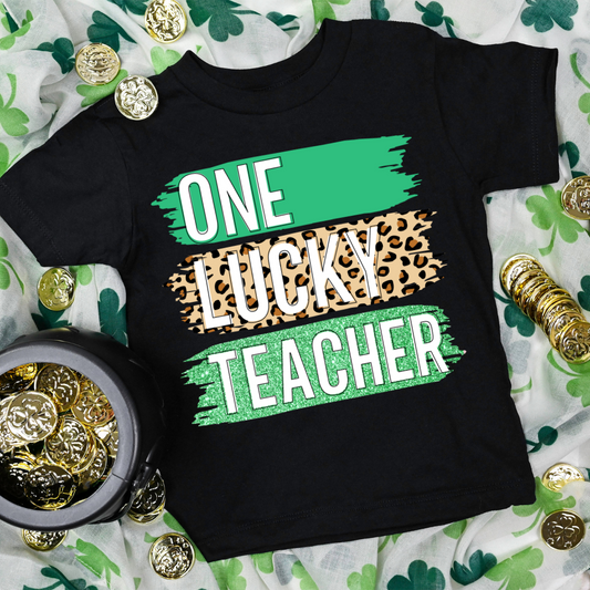 One Lucky Teacher - Green & Leopard Brushtrokes